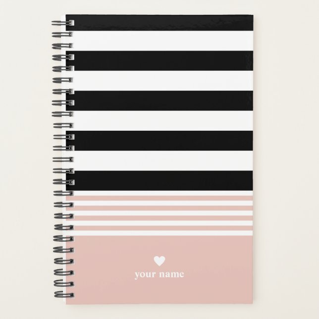Schwarz, Weiß und Rosa Streifen Personalisiert Planer (Vorderseite)