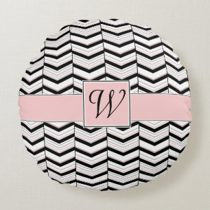 Schwarz Weiß und Rosé Chevron-Rundkissen Rundes Kissen