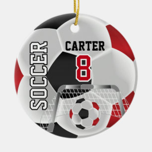 Schwarz, Weiß und Rot personalisieren Fußball ⚽ 💖 Keramik Ornament
