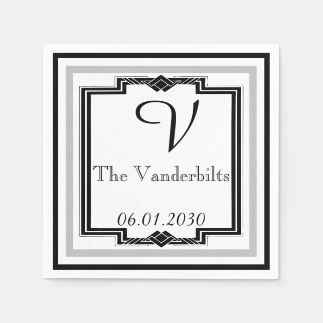 Schwarz, Weiß und Silber Art Deco Rahmen Wedding Serviette (Vorderseite)