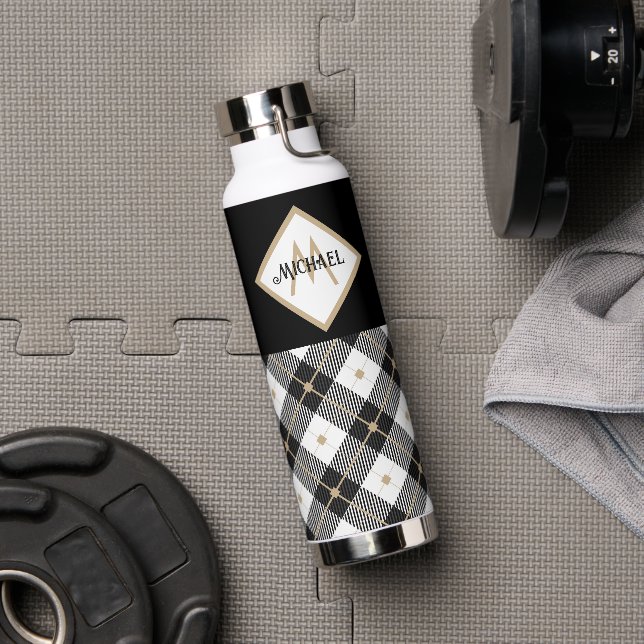 Schwarz-weiß und Tan Lumberjack Kariert Monogramme Trinkflasche (Fitnessstudio)