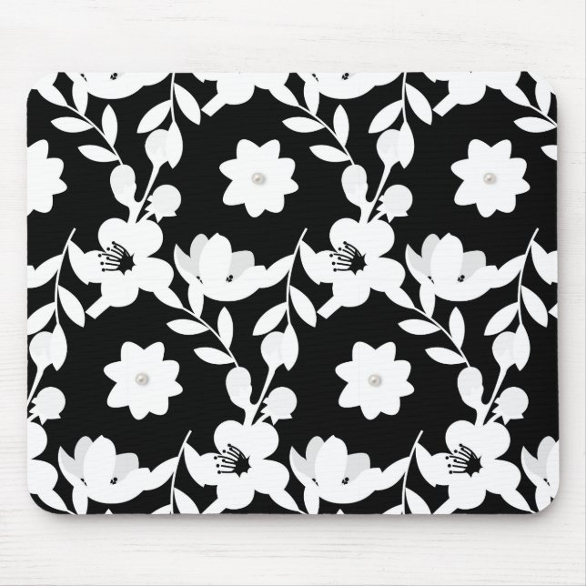 Schwarz-Weiß-Vektor-Blumenmuster Mousepad (Vorne)