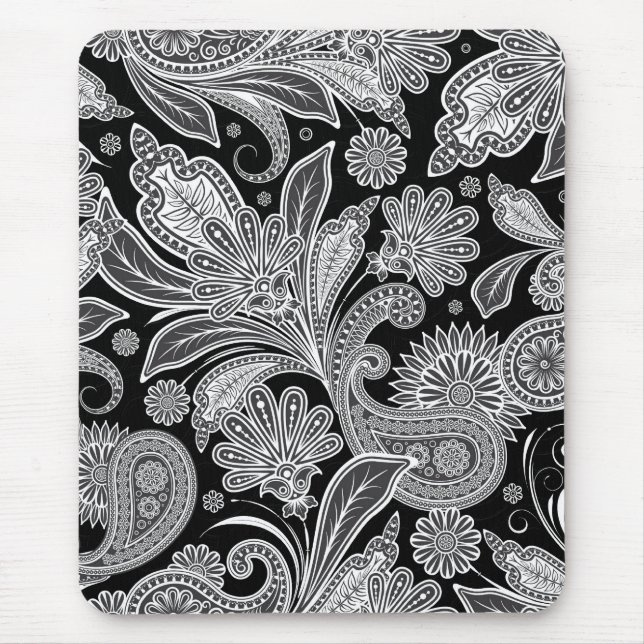 Schwarz-Weiß-Verziert Paisley-Muster Mousepad (Vorne)