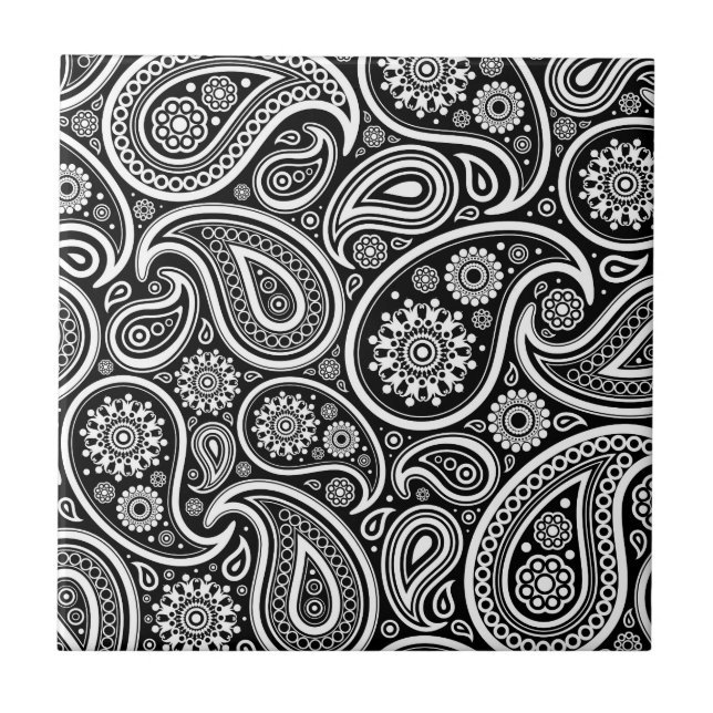 Schwarz/Weiß Vintag Paisley Damask Muster Fliese (Vorderseite)