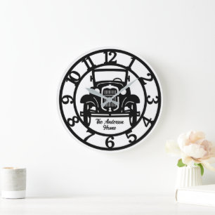 Schwarz-Weiß-Vintage-Auto Große Wanduhr