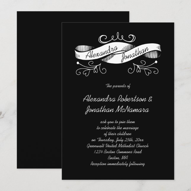 Schwarz-Weiß-Vintage Banner Hochzeit| Einladung (Vorne/Hinten)