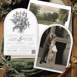 Schwarz-Weiß Vintage Blumen Foto Arch Hochzeit Einladung