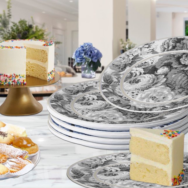 Schwarz/Weiß Vintage Blüten Pappteller (Von Creator hochgeladen)