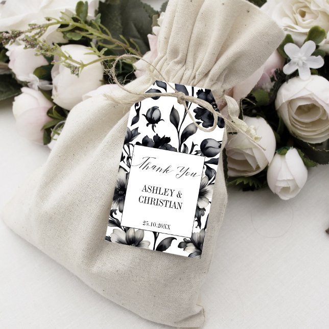 Schwarz-Weiß-Vintage Hochzeitsgunst Geschenkanhänger (Black and white vintage flowers elegant wedding favor gift tags thank you tags botanical black )