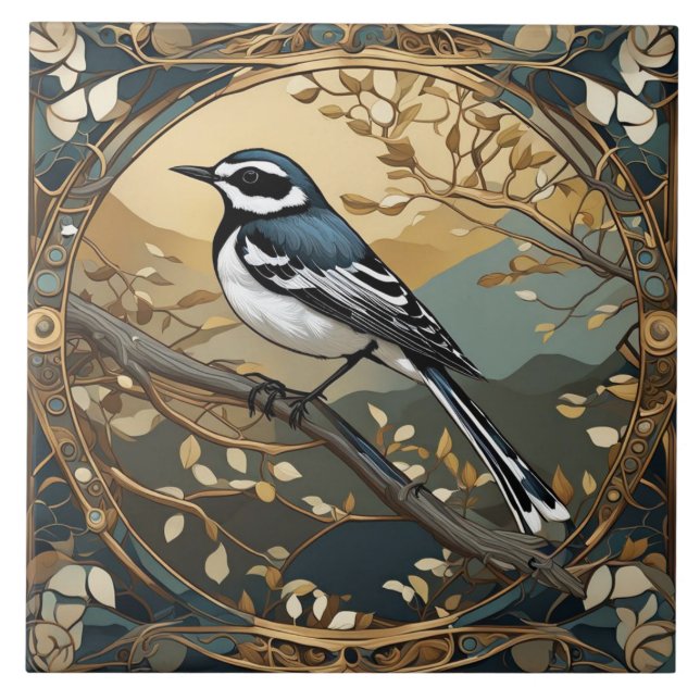 Schwarz-Weiß-Vogel Art Nouveau Art Deco Fliese (Vorderseite)