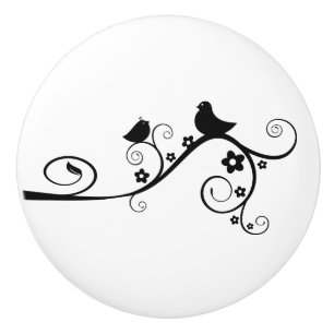 Schwarz-Weiß-Vogel auf Zweig Whimsical Keramikknauf