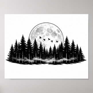 Schwarz Weiß Wald Skizze, Wohndekoration Poster
