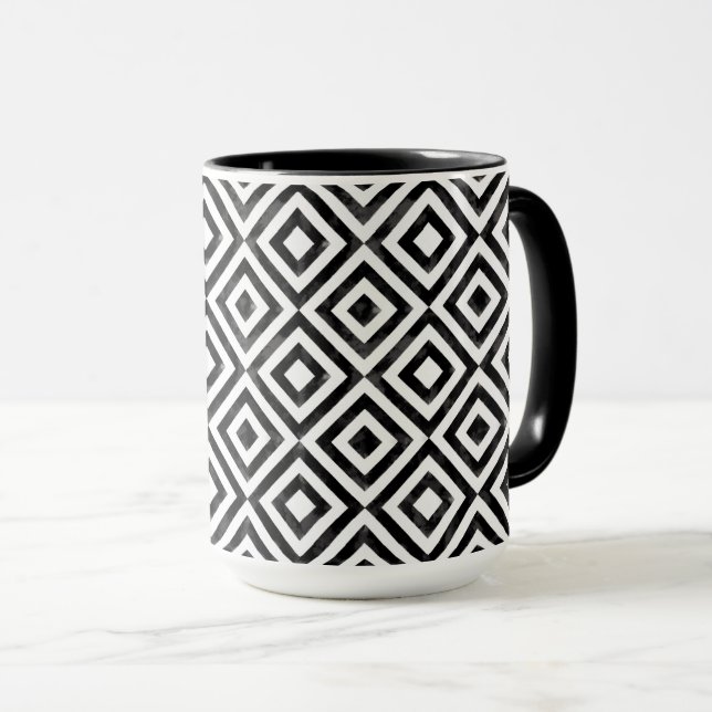 Schwarz-Weiß-Wasserfarbe Diamantmuster Tasse (VorderseiteRechts)
