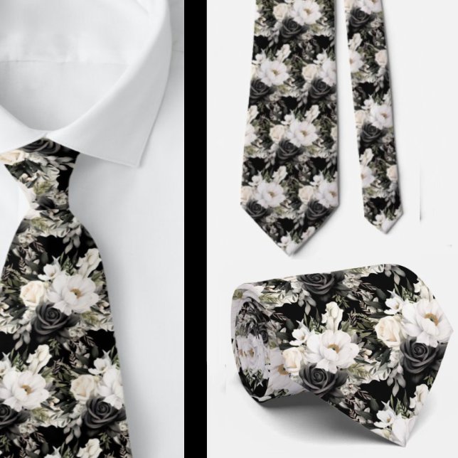 Schwarz-Weiß-Wasserfarben-Flora-Form-Neck-Tie Krawatte (Von Creator hochgeladen)