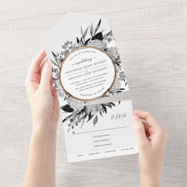 Schwarz-Weiß-Wasserfarben-Hochzeit All In One Einladung (Abreißen)