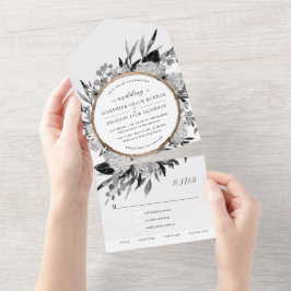 Schwarz-Weiß-Wasserfarben-Hochzeit All In One Einladung