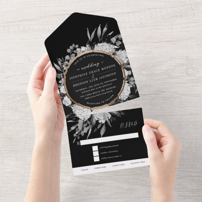 Schwarz-Weiß-Wasserfarben-Hochzeit All In One Einladung (Abreißen)