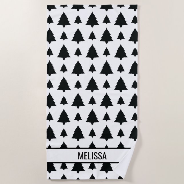 Schwarz-Weiß Weihnachtsbaum Muster & Name Strandtuch (Vorderseite)