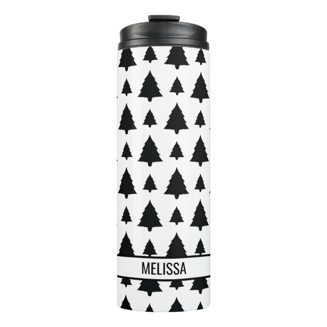 Schwarz-Weiß Weihnachtsbaum Muster & Name Thermosbecher (Vorderseite)