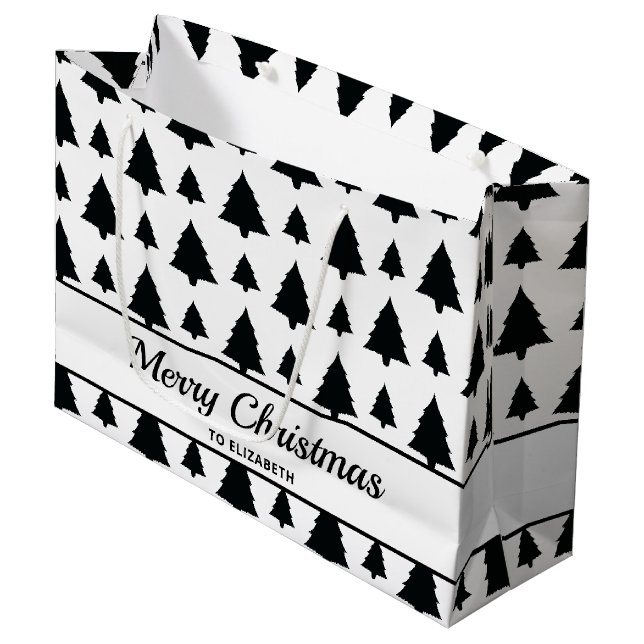 Schwarz-Weiß Weihnachtsbaum Muster & Text Große Geschenktüte (Vorderseite Schrägansicht)