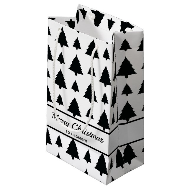 Schwarz-Weiß Weihnachtsbaum Muster & Text Kleine Geschenktüte (Vorderseite Schrägansicht)
