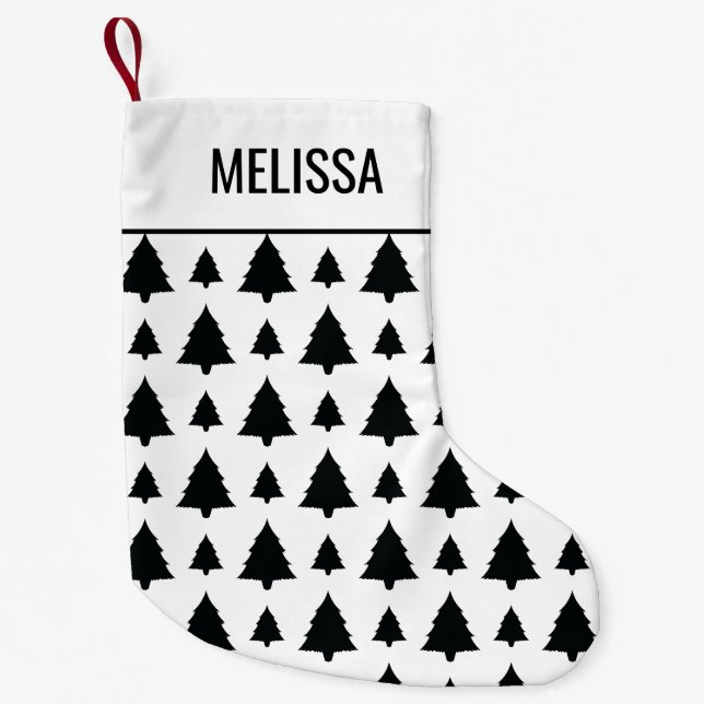 Schwarz-Weiß Weihnachtsbaum Muster & Text Kleiner Weihnachtsstrumpf (Vorderseite)