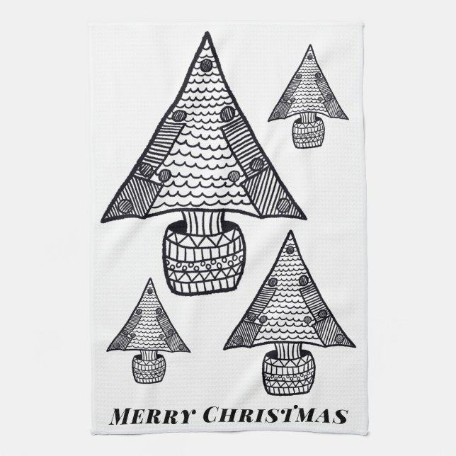 Schwarz-Weiß-Weihnachtsbaum Zeichnend Geschirrtuch (Vertikal)