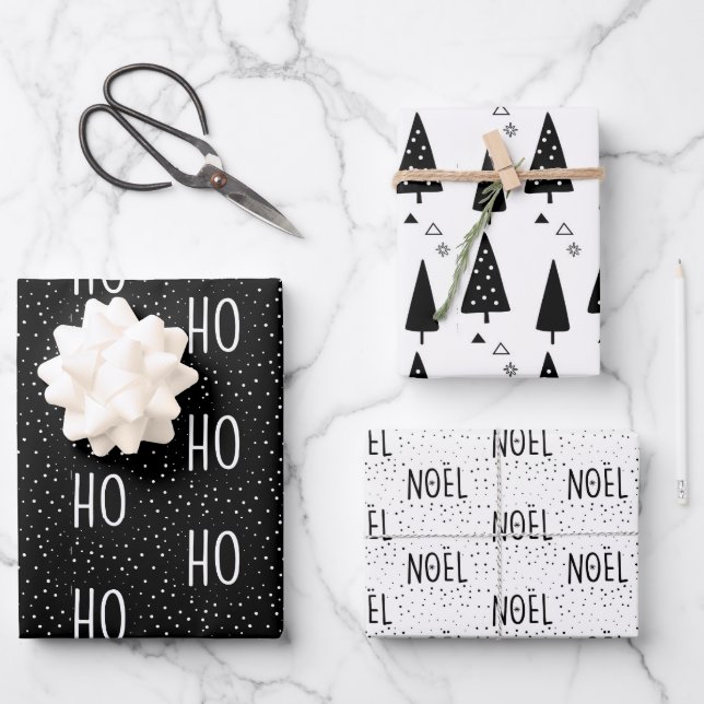 Schwarz-Weiß-Weihnachtswrapping Paper Geschenkpapier Set (Vorderseite)