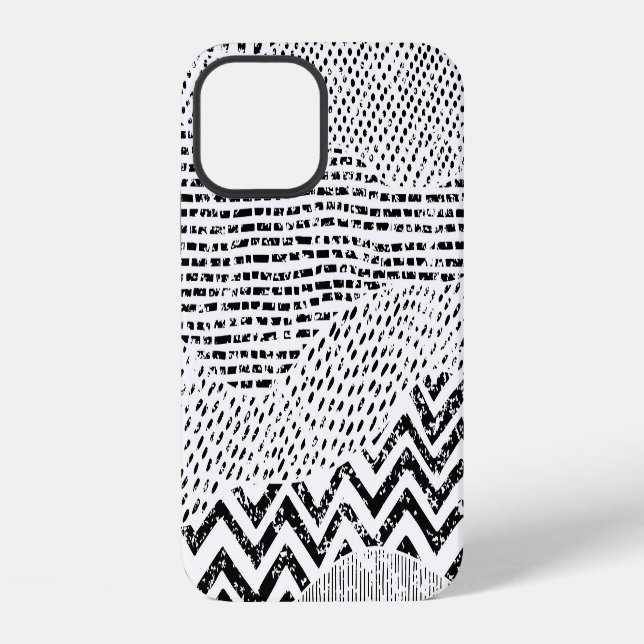 Schwarz-weiß welliges Patchwork-Ornament iPhone 12 Hülle (Rückseite)