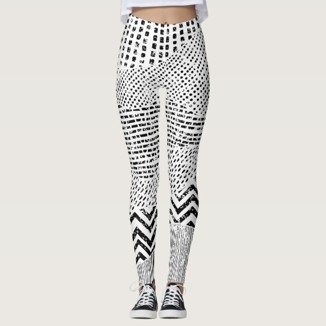 Schwarz-weiß welliges Patchwork-Ornament Leggings (Vorderseite)