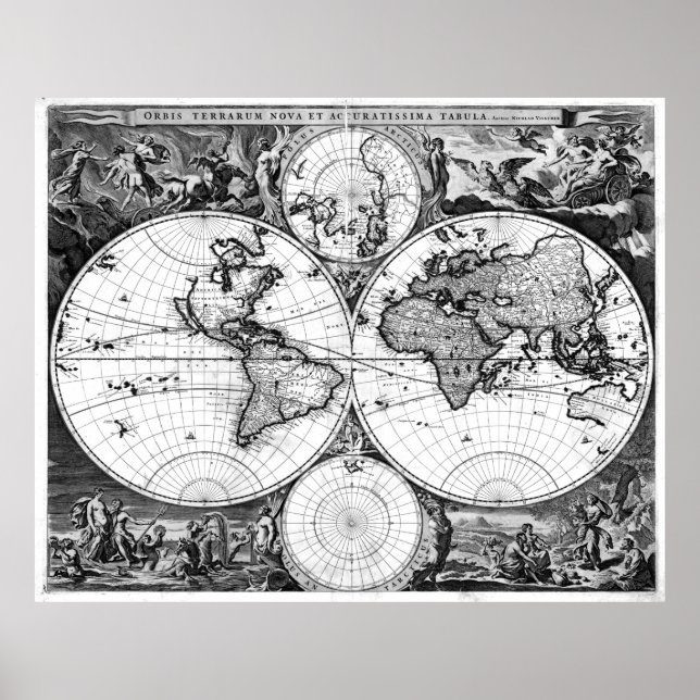 Schwarz-Weiß-Weltkarte (1690) Poster (Vorne)