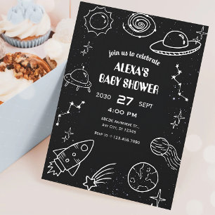 Schwarz-weiß-Weltraum-Planet-Baby-Party Einladung