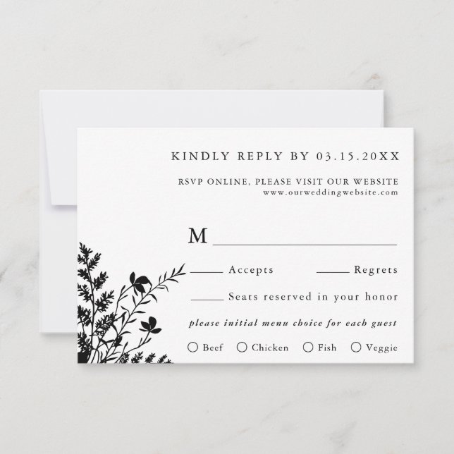 Schwarz-Weiß-Wildblume Hochzeitsmahl RSVP Karte (Vorderseite)