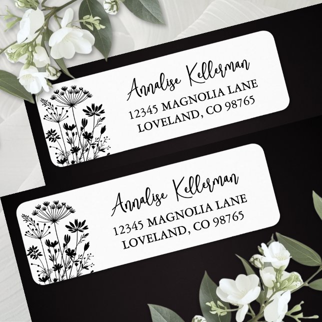 Schwarz Weiß Wildblume Rücksendeadresse (Black White Wildflower Return Address Label )