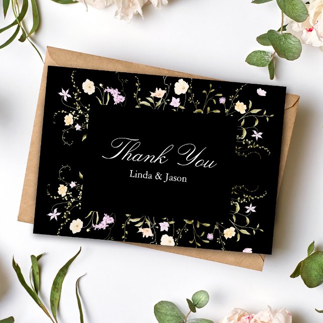 Schwarz-Weiß-Wildblumen Hochzeit Dankeschön-Karte Einladung (Von Creator hochgeladen)
