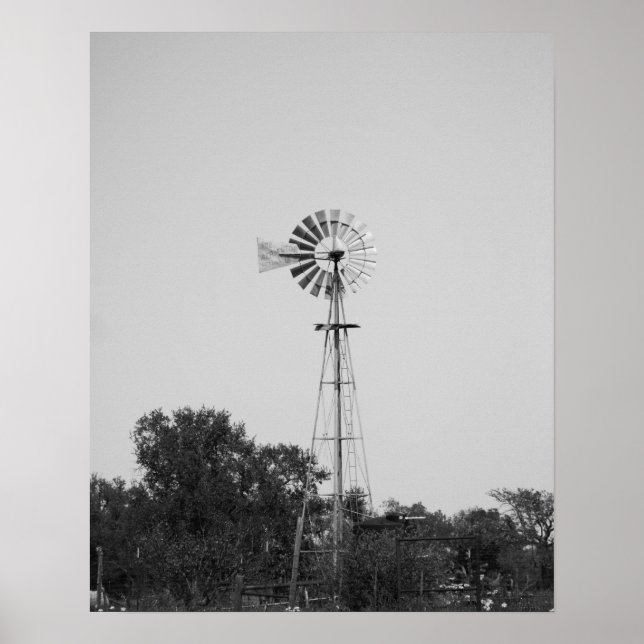 Schwarz-Weiß-Windmühle in einem texanischen Feld 1 Poster (Vorne)