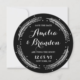 Schwarz-Weiß-Winter-Kranz-Hochzeit Save The Date