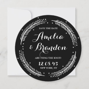 Schwarz-Weiß-Winter-Kranz-Hochzeit Save The Date