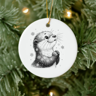 Schwarz-Weiß-Winter-Otter Keramik Ornament