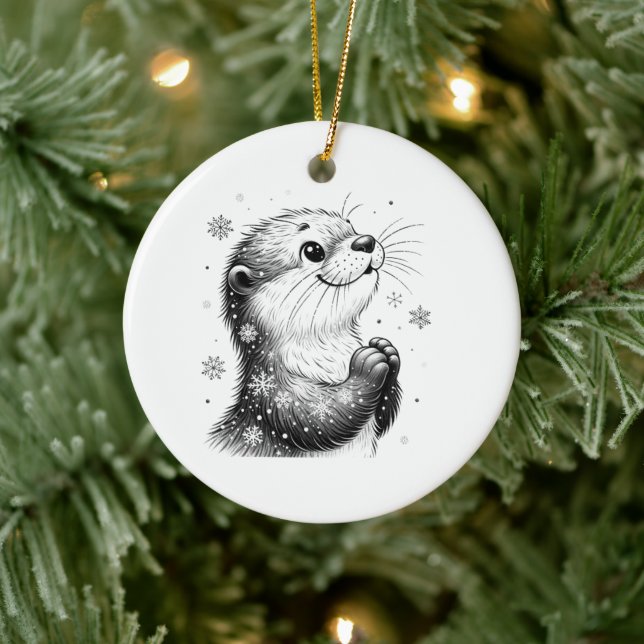 Schwarz-Weiß-Winter-Otter Keramik Ornament (Baum)