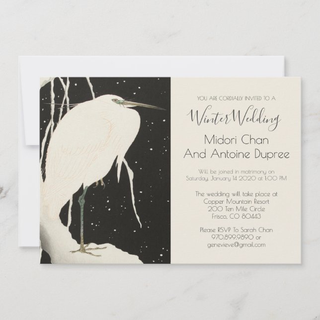 Schwarz-Weiß-Winterhochzeit | White Heron Einladung (Vorderseite)