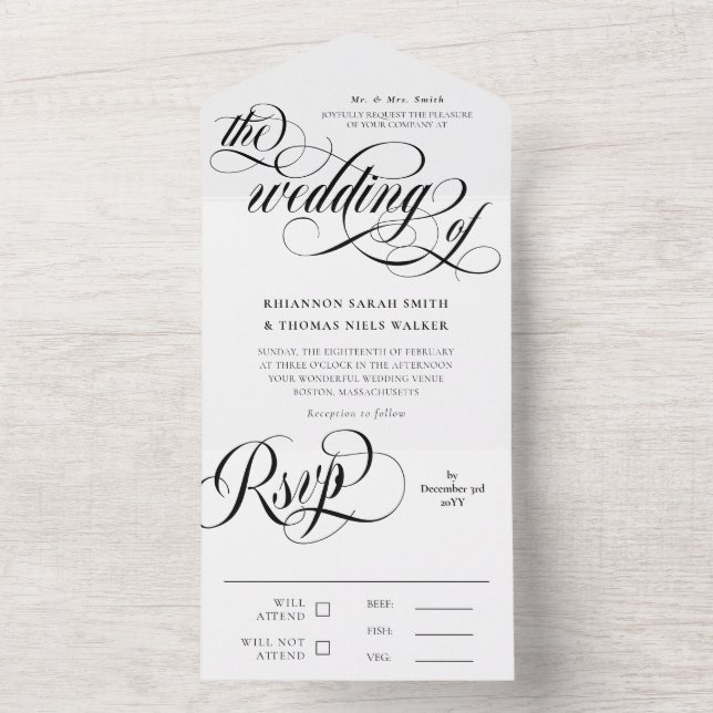 Schwarz-Weiß-Wirbel Hochzeit All In One Einladung (Innen Boden)