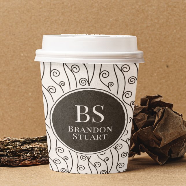 Schwarz-Weiß-Wirbel Pappbecher (black and white paper cup with name and swirl pattern)