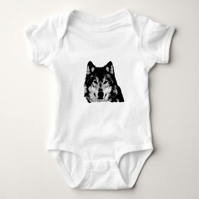 Schwarz-Weiß-Wolf Baby Strampler (Vorderseite)