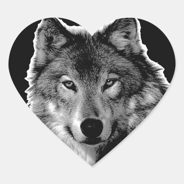 Schwarz-Weiß-Wolf Herz-Aufkleber (Vorderseite)