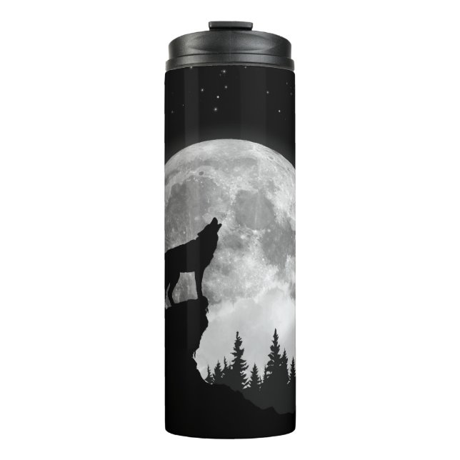 Schwarz-Weiß-Wolf heult auf dem Mond Thermosbecher (Vorderseite)