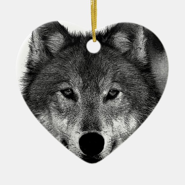 Schwarz-Weiß-Wolf Keramik Ornament (Vorne)