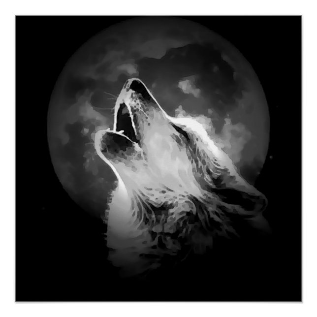 Schwarz & Weiß Wolf & Mond Poster (Vorderseite)