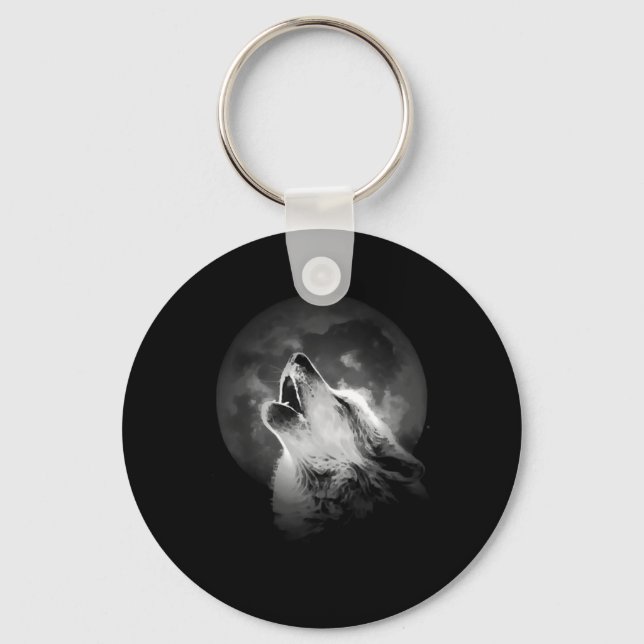Schwarz & Weiß Wolf & Mond Schlüsselanhänger (Vorderseite)
