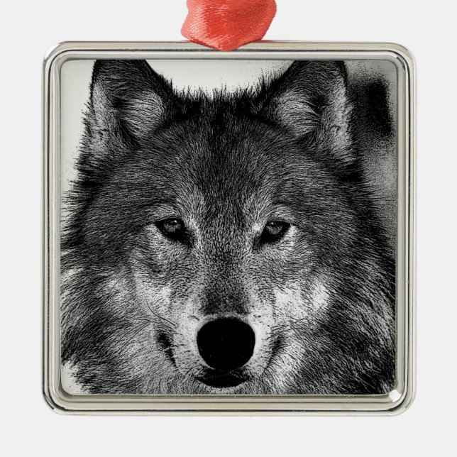 Schwarz-Weiß-Wolf Ornament Aus Metall (Vorne)